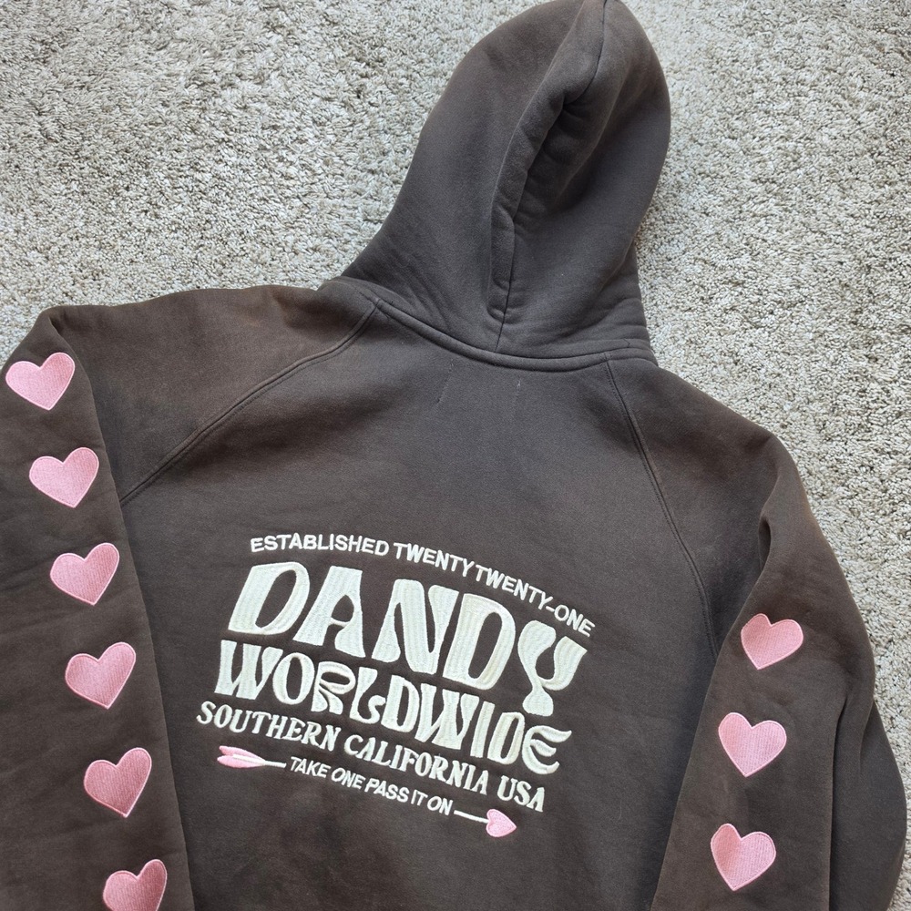 Dandy Worldwide Hoodie Womens Small Brown Pink Heart Sleeve Graphic Streetwear